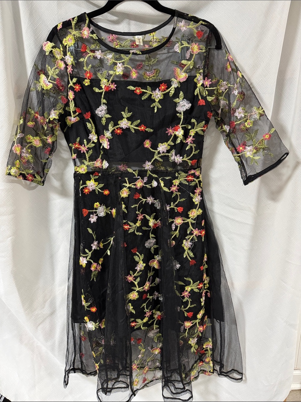 Black Mesh Floral Embroidered Dress